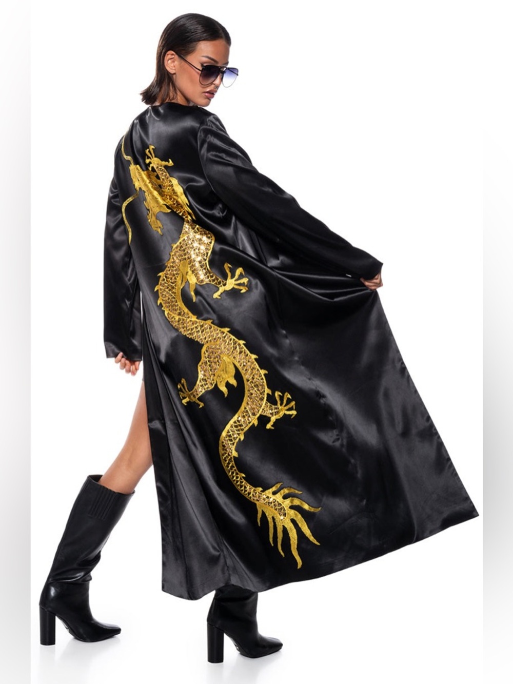 NWOT AKIRA Dragon Kimono Black Satin Duster Robe Gold Embroidery Sequins Sz L